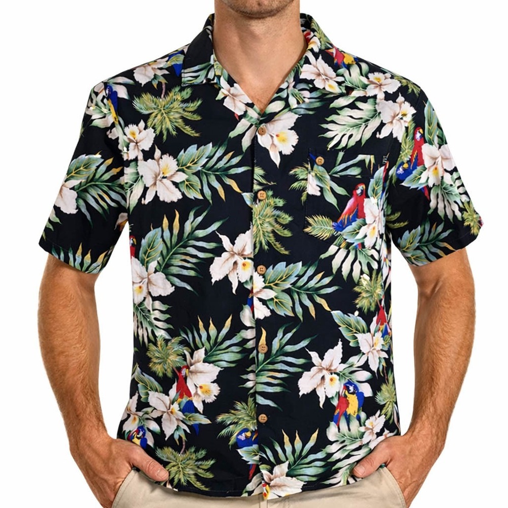 Evergreen Island Hawaiian Aloha Shirt Medium Macaws Parrots Tropical Flowers Blk